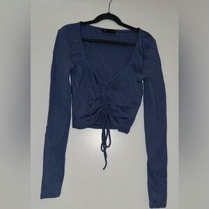 Zara Long Sleeve Ruched Crop Top - Blue